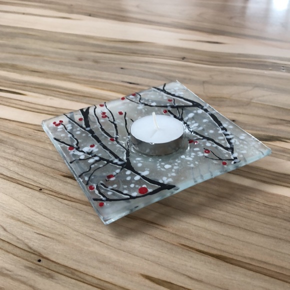 Winter Hand Painted Blown Glass Tea Light Votive Holder - Picture 2 of 2